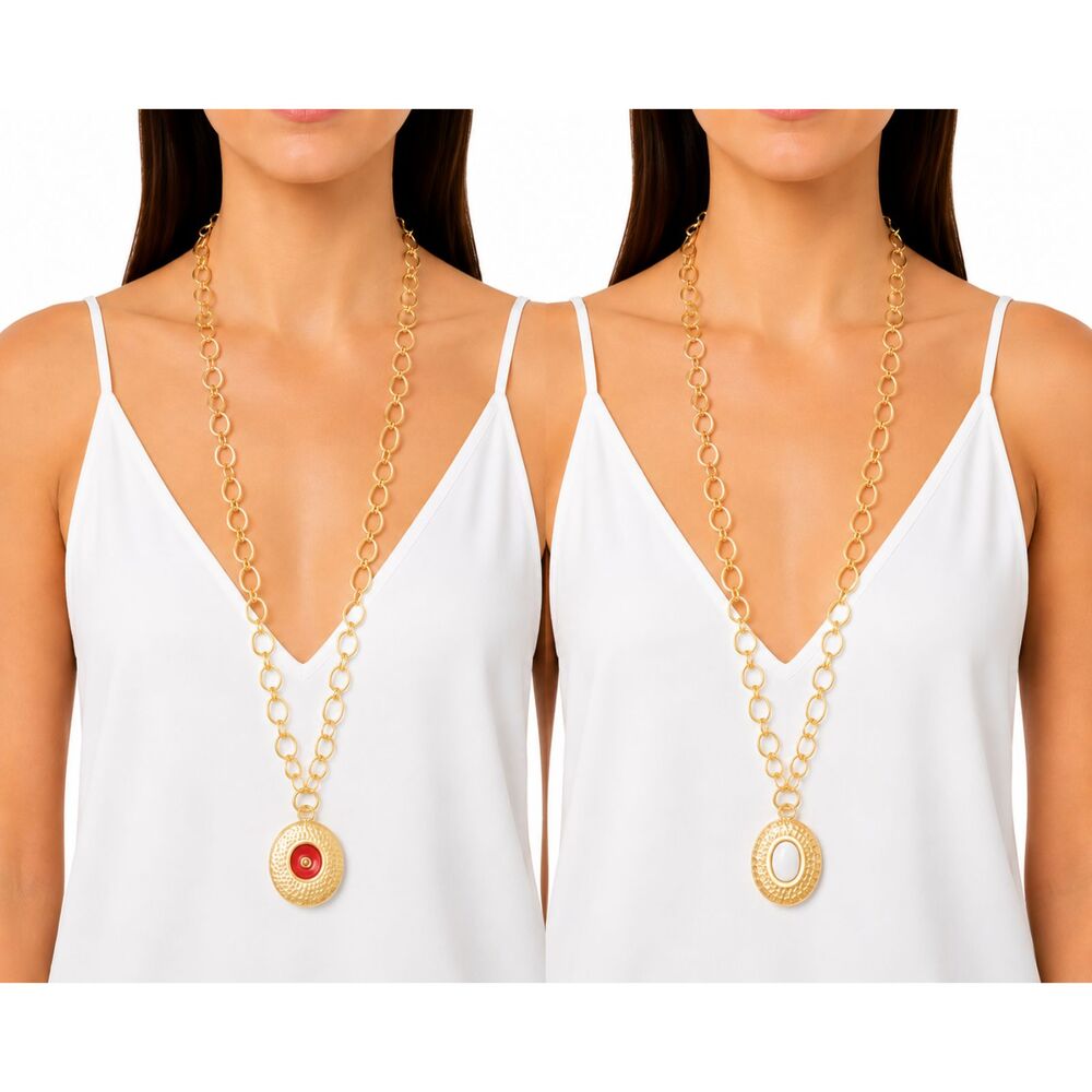Chico's Nyssa Reversible Faux Carnelian White Jade Carbochan Chain 35" Necklace